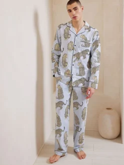 Chelsea Peers Blue Trouser Pyjamas Seersucker Cotton Leopard Stripe Print Long Pyjamas Set