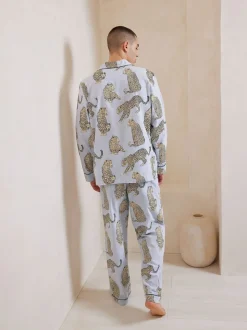 Chelsea Peers Blue Trouser Pyjamas Seersucker Cotton Leopard Stripe Print Long Pyjamas Set