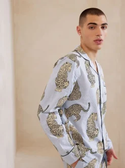 Chelsea Peers Blue Trouser Pyjamas Seersucker Cotton Leopard Stripe Print Long Pyjamas Set