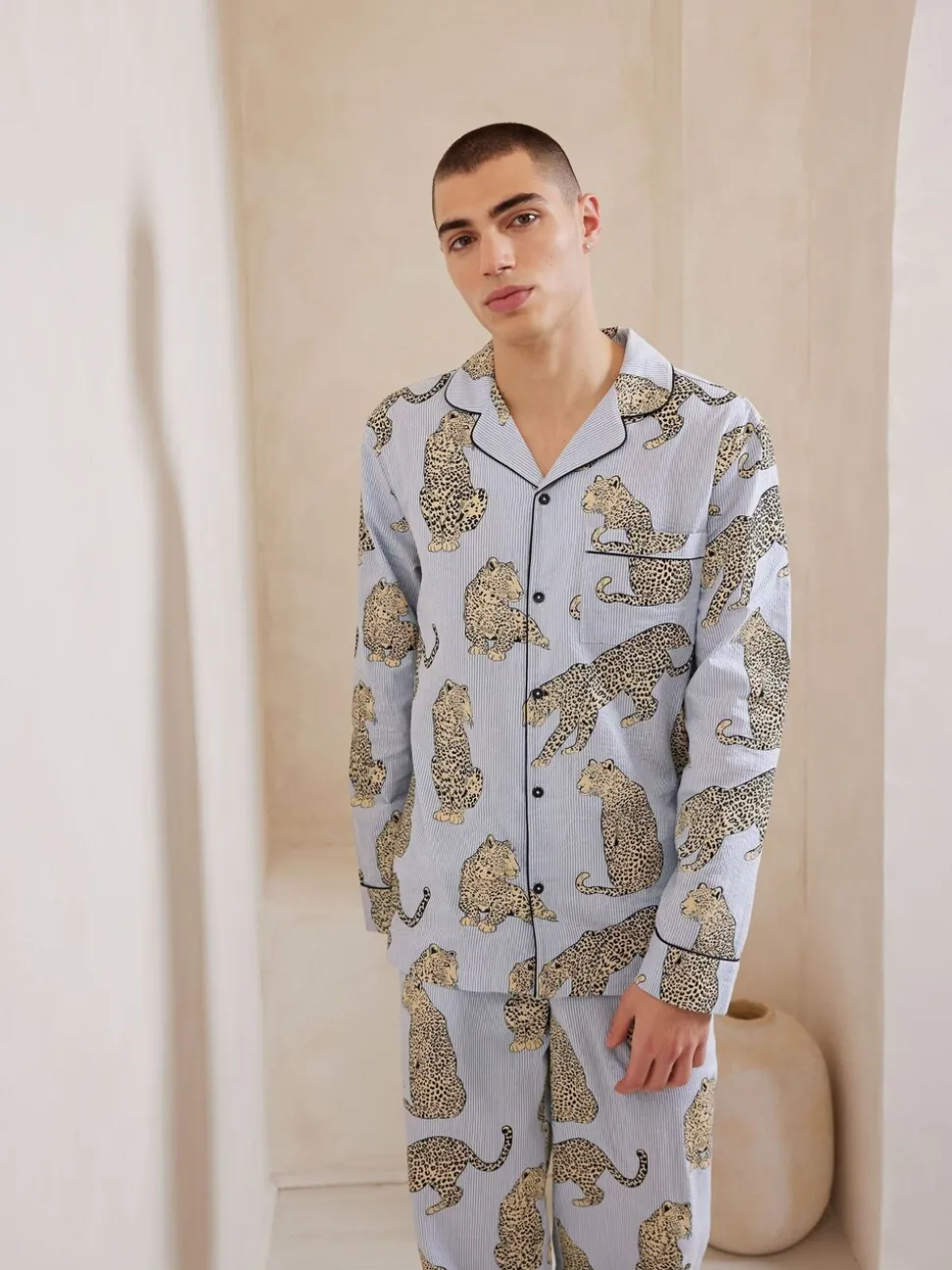 Chelsea Peers Blue Trouser Pyjamas Seersucker Cotton Leopard Stripe Print Long Pyjamas Set