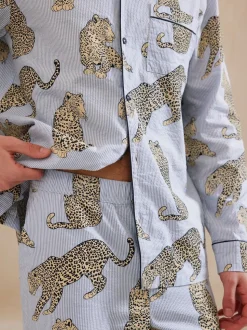 Chelsea Peers Blue Trouser Pyjamas Seersucker Cotton Leopard Stripe Print Long Pyjamas Set