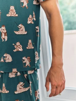 Chelsea Peers Blue Wilderness Bear Print Long Pyjamas Set