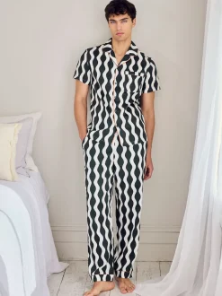 Chelsea Peers Green Cotton Poplin Wavy Stripe Long Pyjamas Set