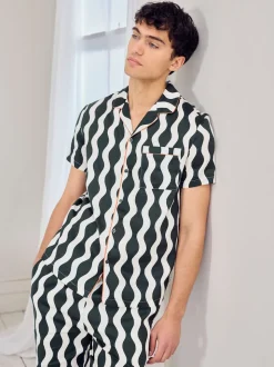 Chelsea Peers Green Cotton Poplin Wavy Stripe Long Pyjamas Set