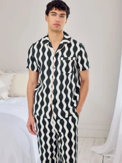 Chelsea Peers Green Cotton Poplin Wavy Stripe Long Pyjamas Set