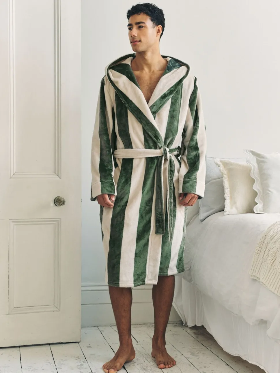 Chelsea Peers Green Fleece Stripe Hooded Dressing Gown