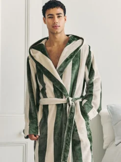 Chelsea Peers Green Fleece Stripe Hooded Dressing Gown