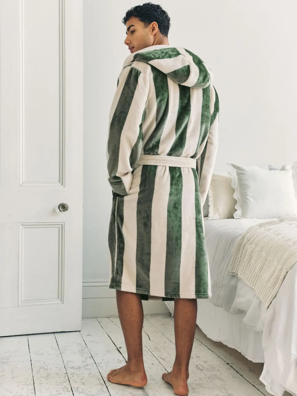 Chelsea Peers Green Fleece Stripe Hooded Dressing Gown