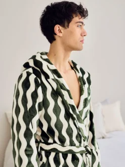 Chelsea Peers Green Fleece Wavy Stripe Hooded Dressing Gown