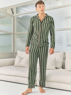 Chelsea Peers Green Stripe Button Up Long Pyjamas Set