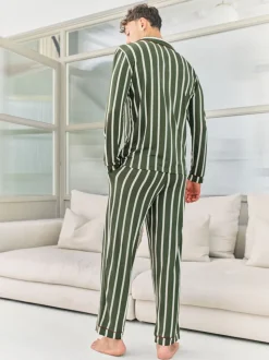 Chelsea Peers Green Stripe Button Up Long Pyjamas Set