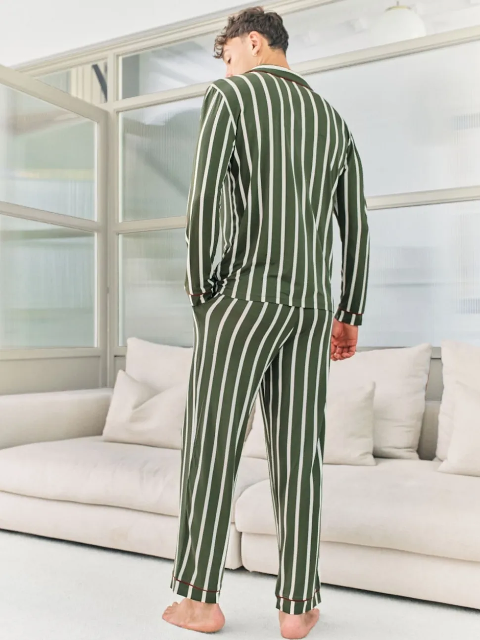 Chelsea Peers Green Stripe Button Up Long Pyjamas Set