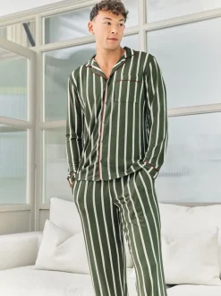 Chelsea Peers Green Stripe Button Up Long Pyjamas Set