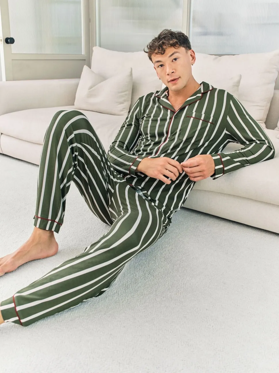 Chelsea Peers Green Stripe Button Up Long Pyjamas Set