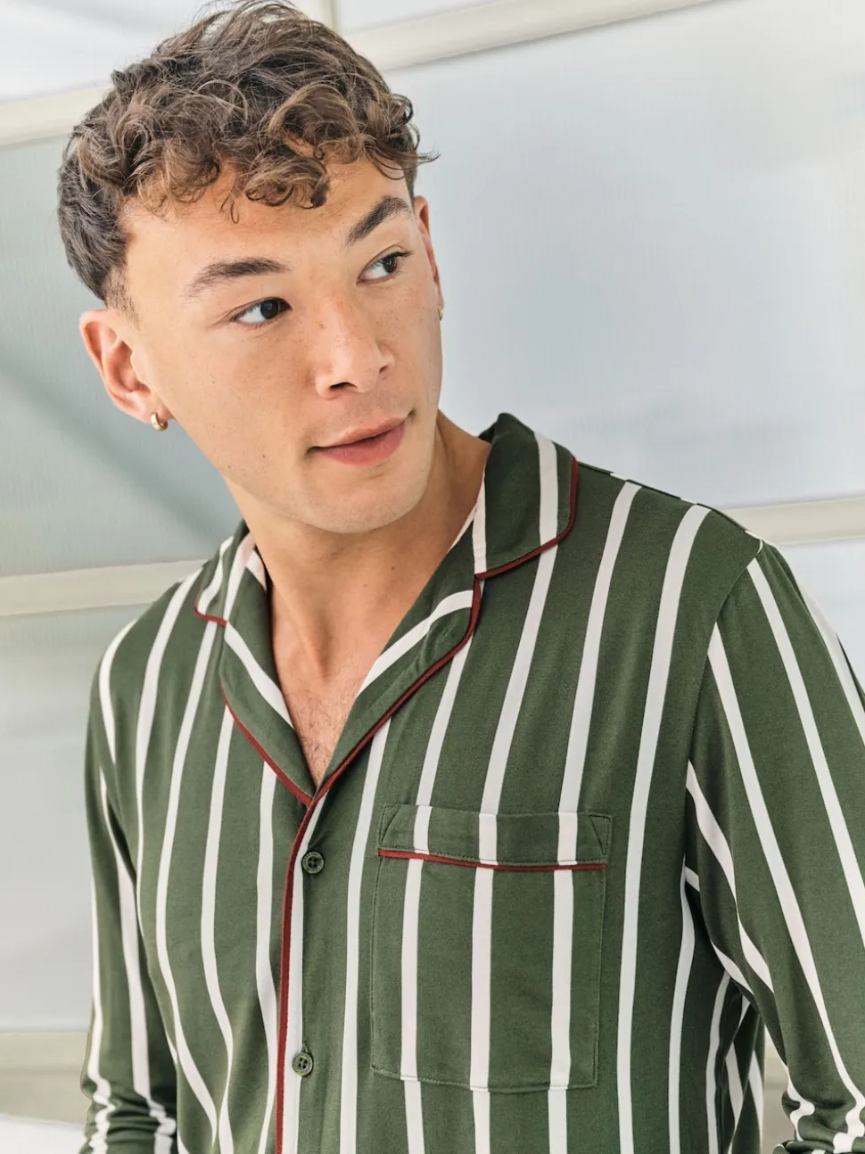 Chelsea Peers Green Stripe Button Up Long Pyjamas Set