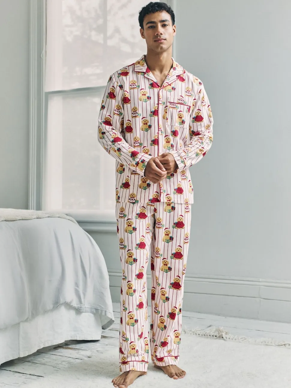 Chelsea Peers Natural Cotton Chip the Christmas Cockapoo Dog Print Long Pyjamas Set