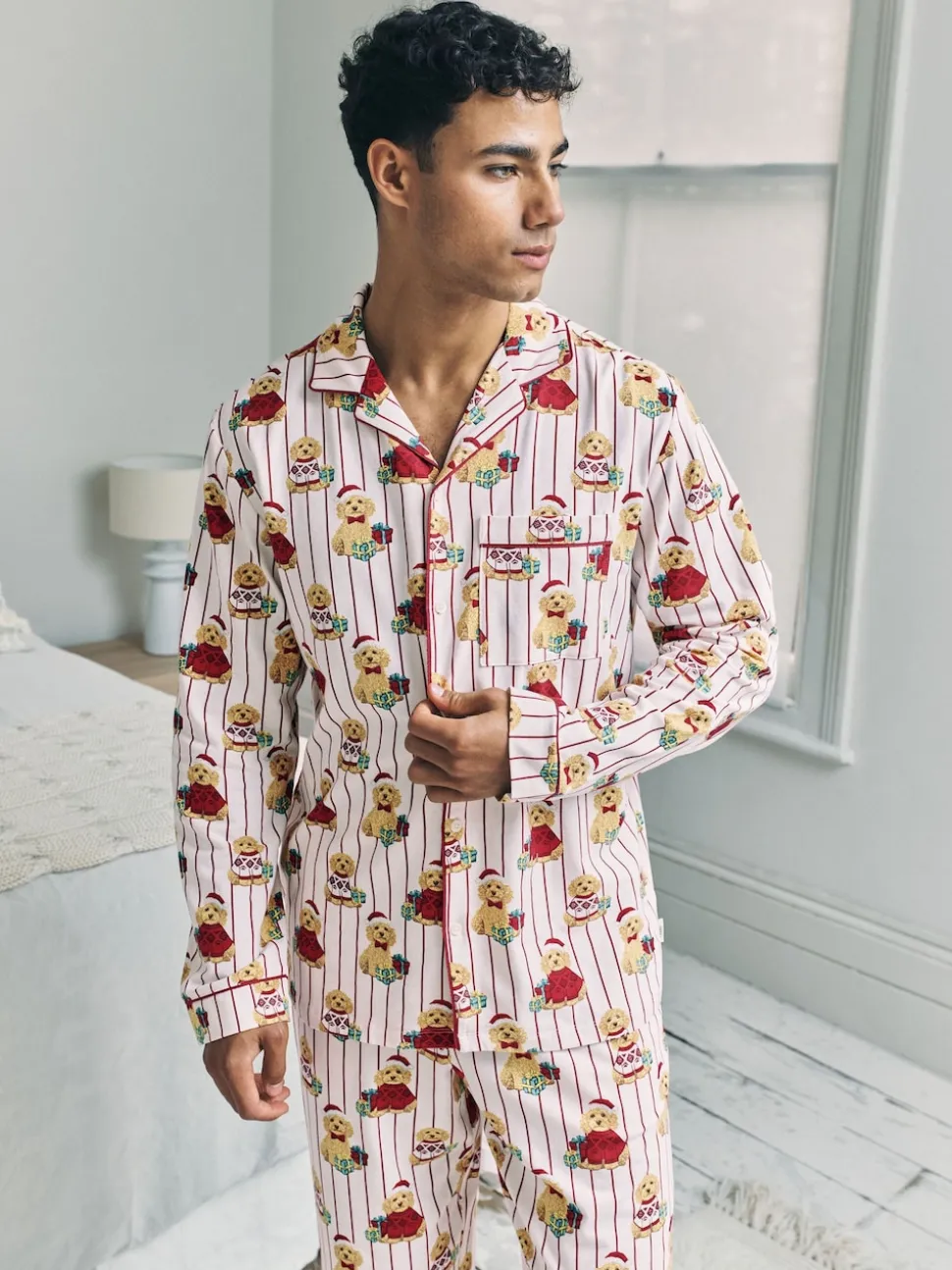 Chelsea Peers Natural Cotton Chip the Christmas Cockapoo Dog Print Long Pyjamas Set