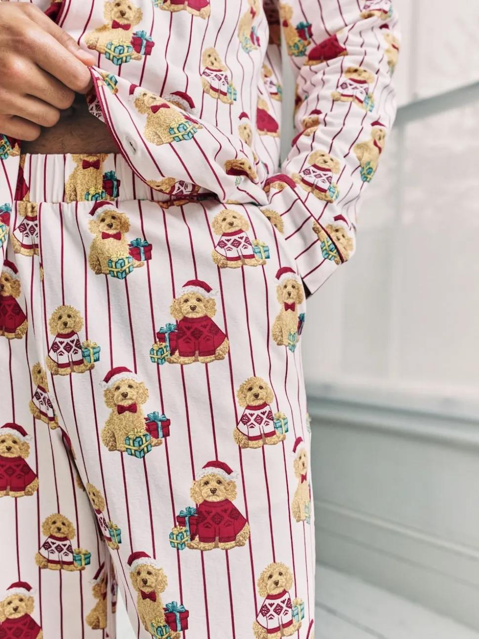 Chelsea Peers Natural Cotton Chip the Christmas Cockapoo Dog Print Long Pyjamas Set