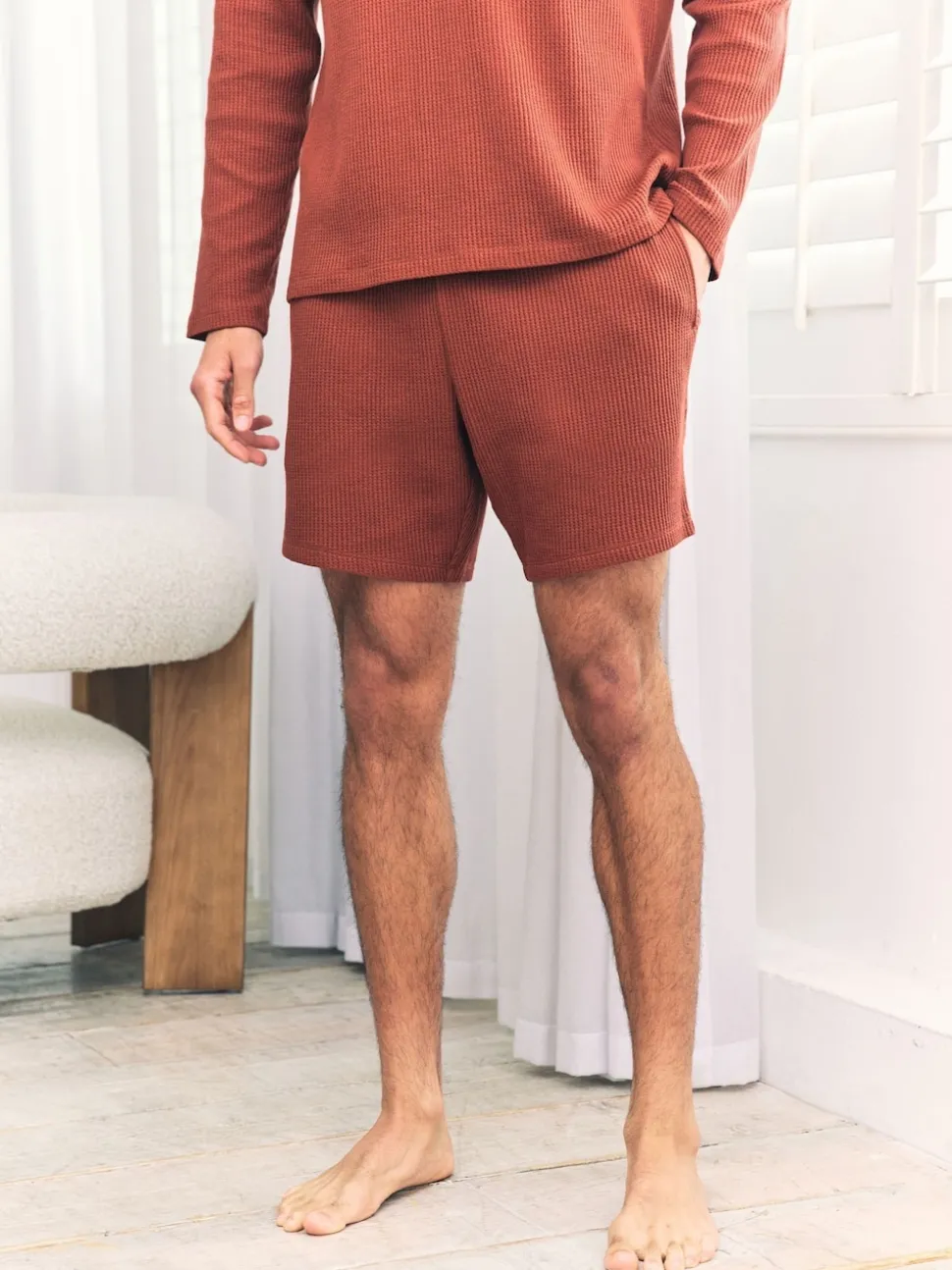 Chelsea Peers Orange Short Waffle Long Joggers Lounge Bottoms - Rust