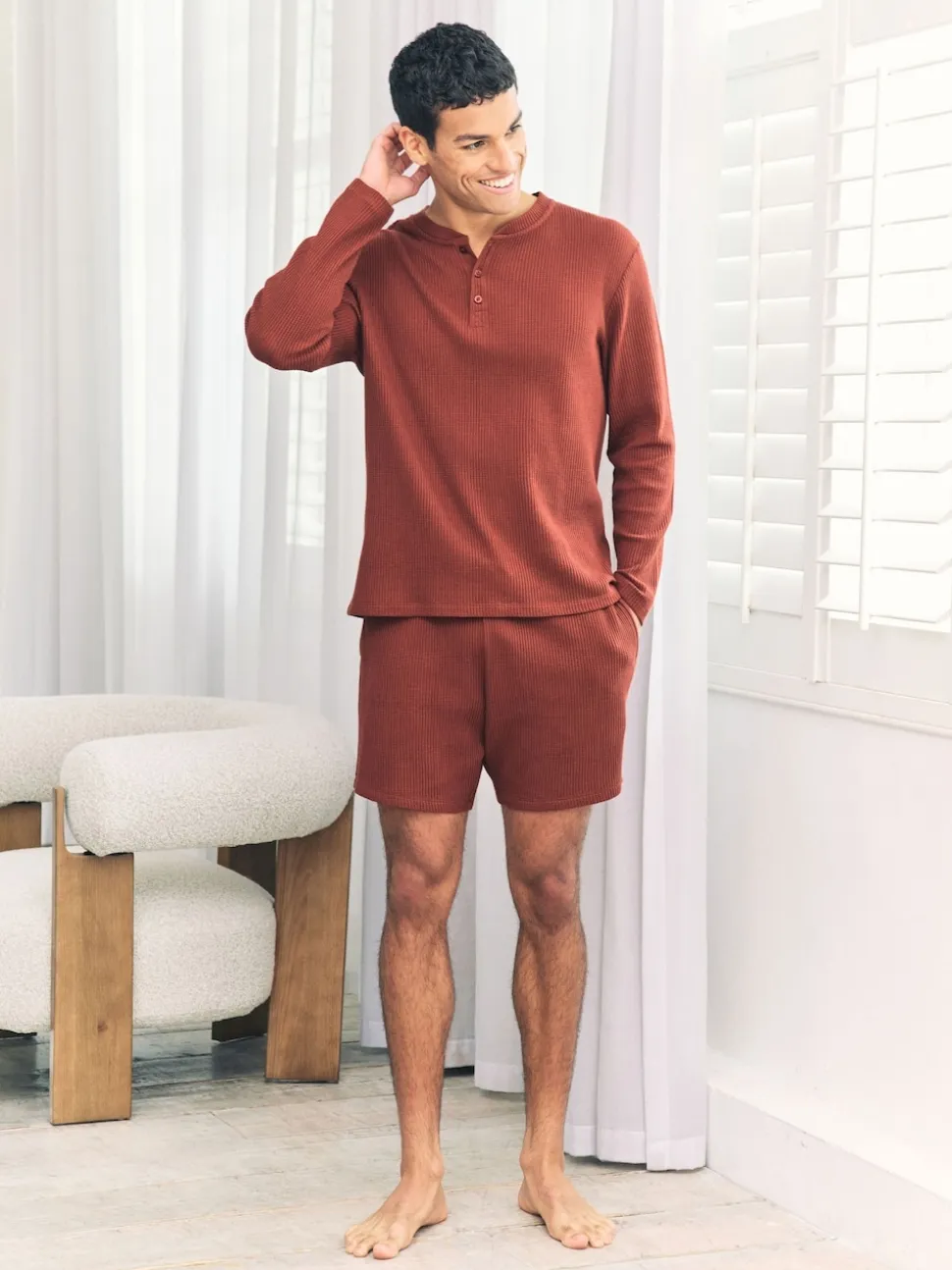 Chelsea Peers Orange Short Waffle Long Joggers Lounge Bottoms - Rust