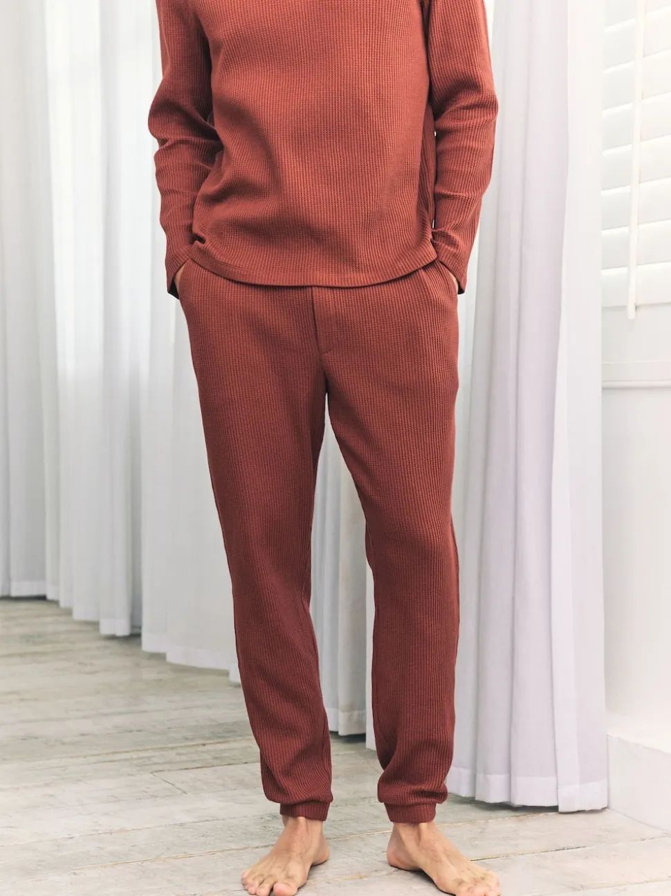 Chelsea Peers Orange Trouser Waffle Long Joggers Lounge Bottoms - Rust