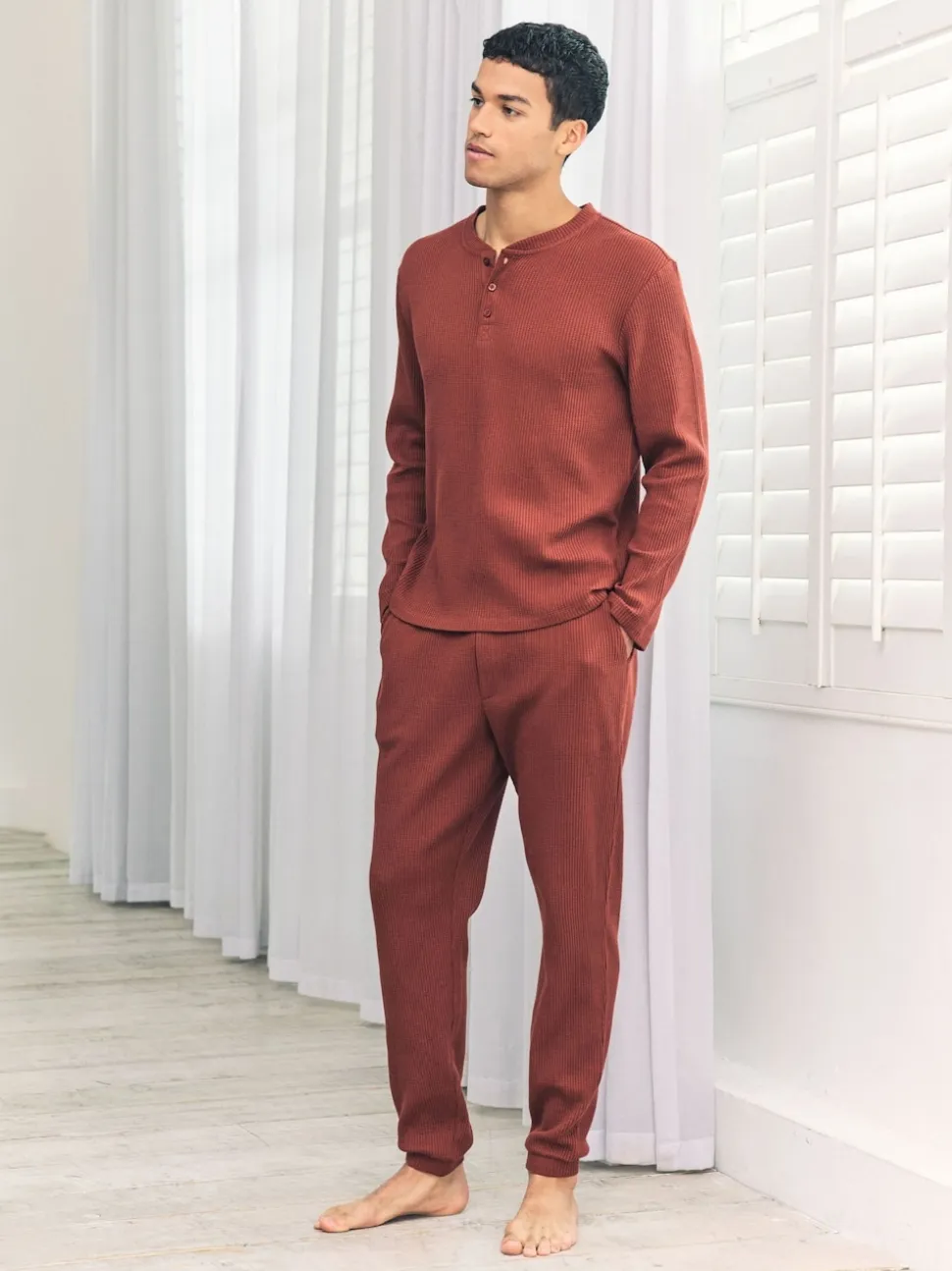 Chelsea Peers Orange Trouser Waffle Long Joggers Lounge Bottoms - Rust