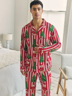 Chelsea Peers Red Christmas Teddy Bear Stripe Print Long Pyjamas Set