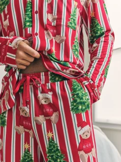 Chelsea Peers Red Christmas Teddy Bear Stripe Print Long Pyjamas Set