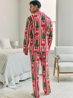 Chelsea Peers Red Christmas Teddy Bear Stripe Print Long Pyjamas Set