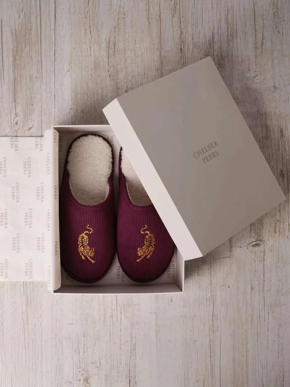 Chelsea Peers Red Corduroy Embroidered Tiger Mule Slippers