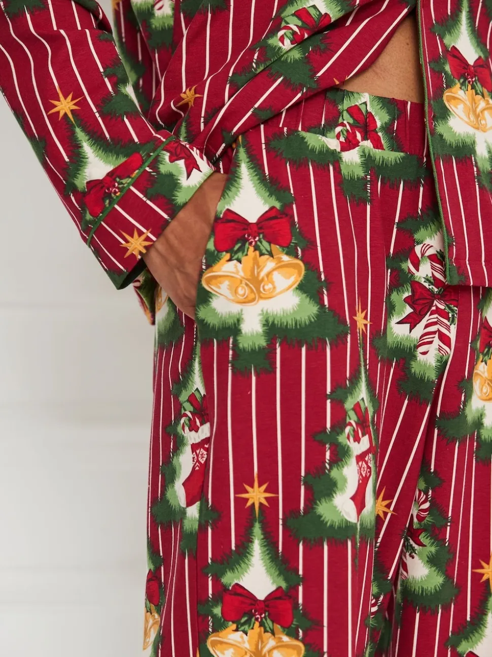 Chelsea Peers Red Cotton Christmas Tree Stripe Long Pyjamas Set