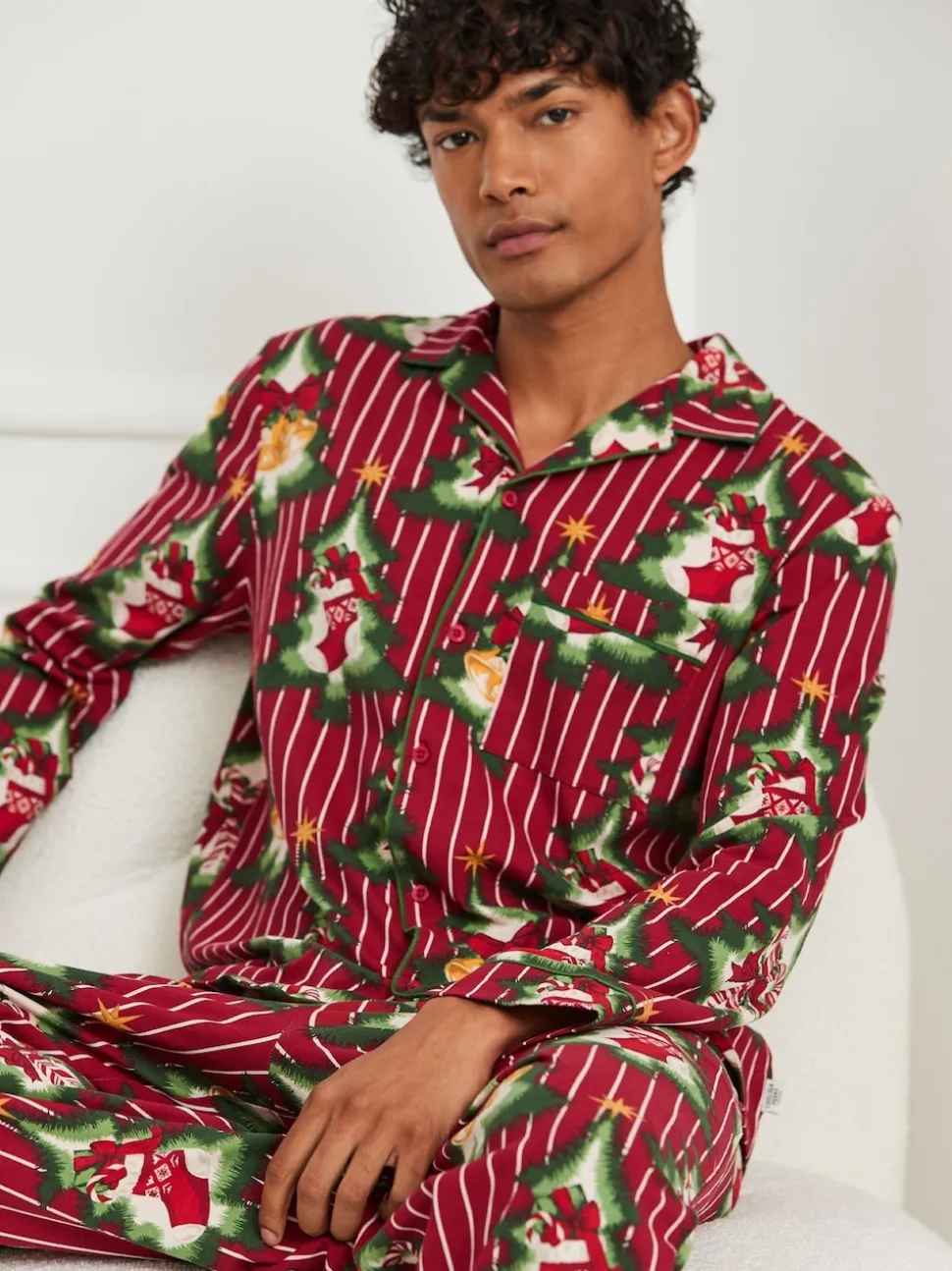 Chelsea Peers Red Cotton Christmas Tree Stripe Long Pyjamas Set