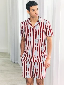 Chelsea Peers Red Gone Fishing Stripe Print Short Pyjamas Set