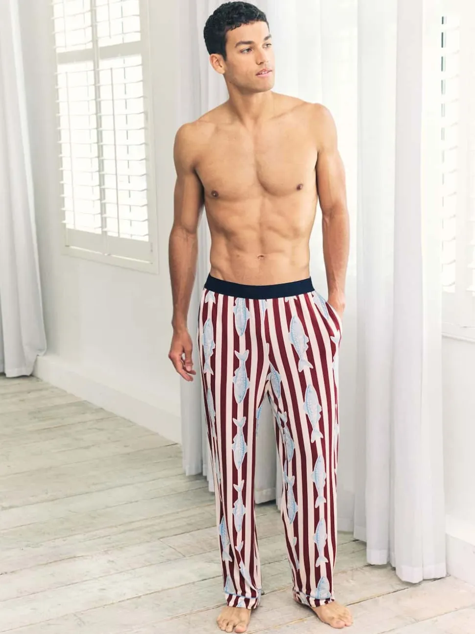 Chelsea Peers Red Gone Fishing Stripe Print Long Pyjama Bottoms