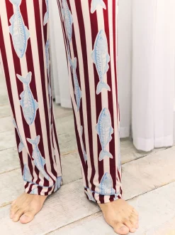 Chelsea Peers Red Gone Fishing Stripe Print Long Pyjama Bottoms