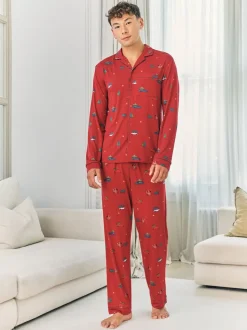 Chelsea Peers Red TENCEL™ Modal Christmas Tree Car Print Long Button Up Pyjamas Set