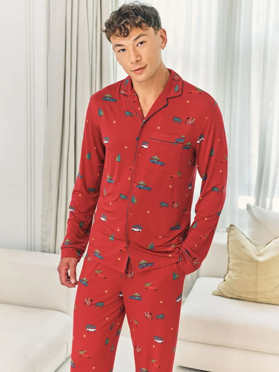 Chelsea Peers Red TENCEL™ Modal Christmas Tree Car Print Long Button Up Pyjamas Set