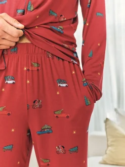 Chelsea Peers Red TENCEL™ Modal Christmas Tree Car Print Long Button Up Pyjamas Set