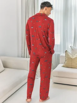 Chelsea Peers Red TENCEL™ Modal Christmas Tree Car Print Long Button Up Pyjamas Set