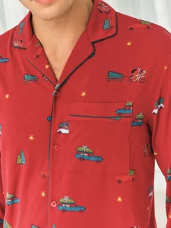 Chelsea Peers Red TENCEL™ Modal Christmas Tree Car Print Long Button Up Pyjamas Set