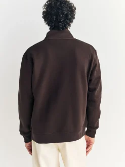 Chocolate Brown Cotton Rich Jersey Full Zip Funnel Neck Sweatshirt