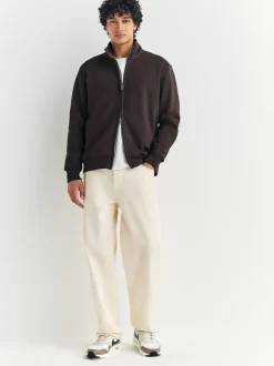 Chocolate Brown Cotton Rich Jersey Full Zip Funnel Neck Sweatshirt