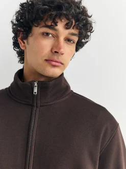 Chocolate Brown Cotton Rich Jersey Full Zip Funnel Neck Sweatshirt
