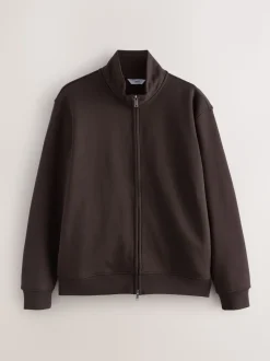 Chocolate Brown Cotton Rich Jersey Full Zip Funnel Neck Sweatshirt