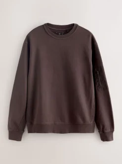 Chocolate Brown Garment Washed Utility Crew Neck Sweatshirt