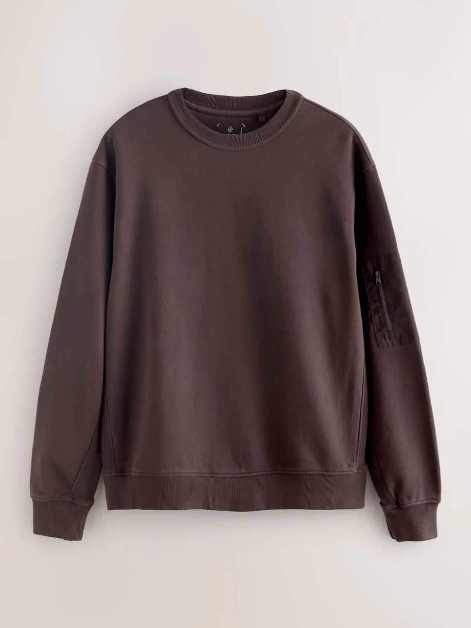 Chocolate Brown Garment Washed Utility Crew Neck Sweatshirt