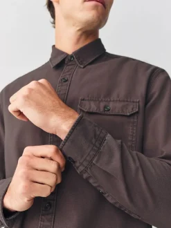 Chocolate Brown Long Sleeve Garment Dyed Oxford Shirt