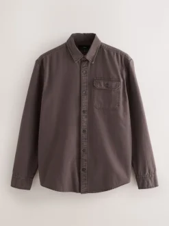 Chocolate Brown Long Sleeve Garment Dyed Oxford Shirt