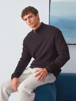 Chocolate Brown N.Premium Regular Fit Mid Weight Cable Quarter Zip Neck Jumper
