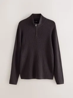 Chocolate Brown N.Premium Regular Fit Mid Weight Cable Quarter Zip Neck Jumper